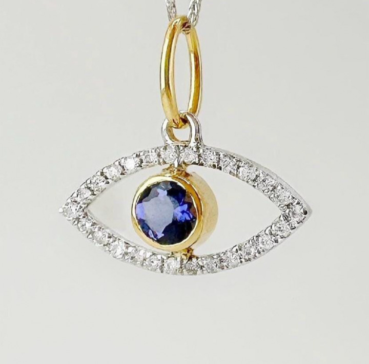 18K Solid Gold Evil Eye Diamond Pendant Natural Sapphire Two-Tone Gift Her0