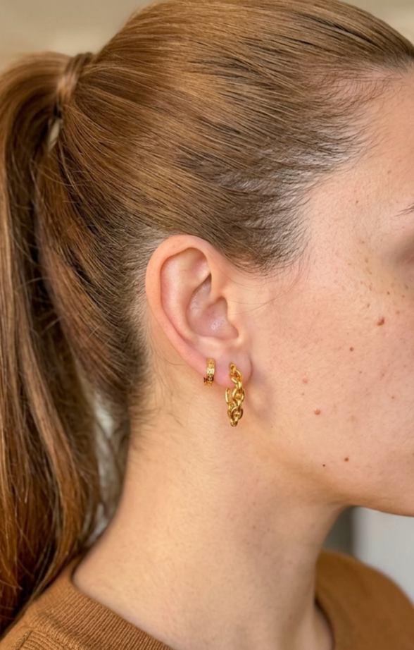 18K Real Gold Hoop Earrings Chain Link Design Chunky Real Gold Women2
