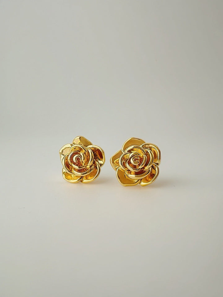 18K Real Gold Flower Rose Earrings Women 14.2mm Lightweight (EF)0