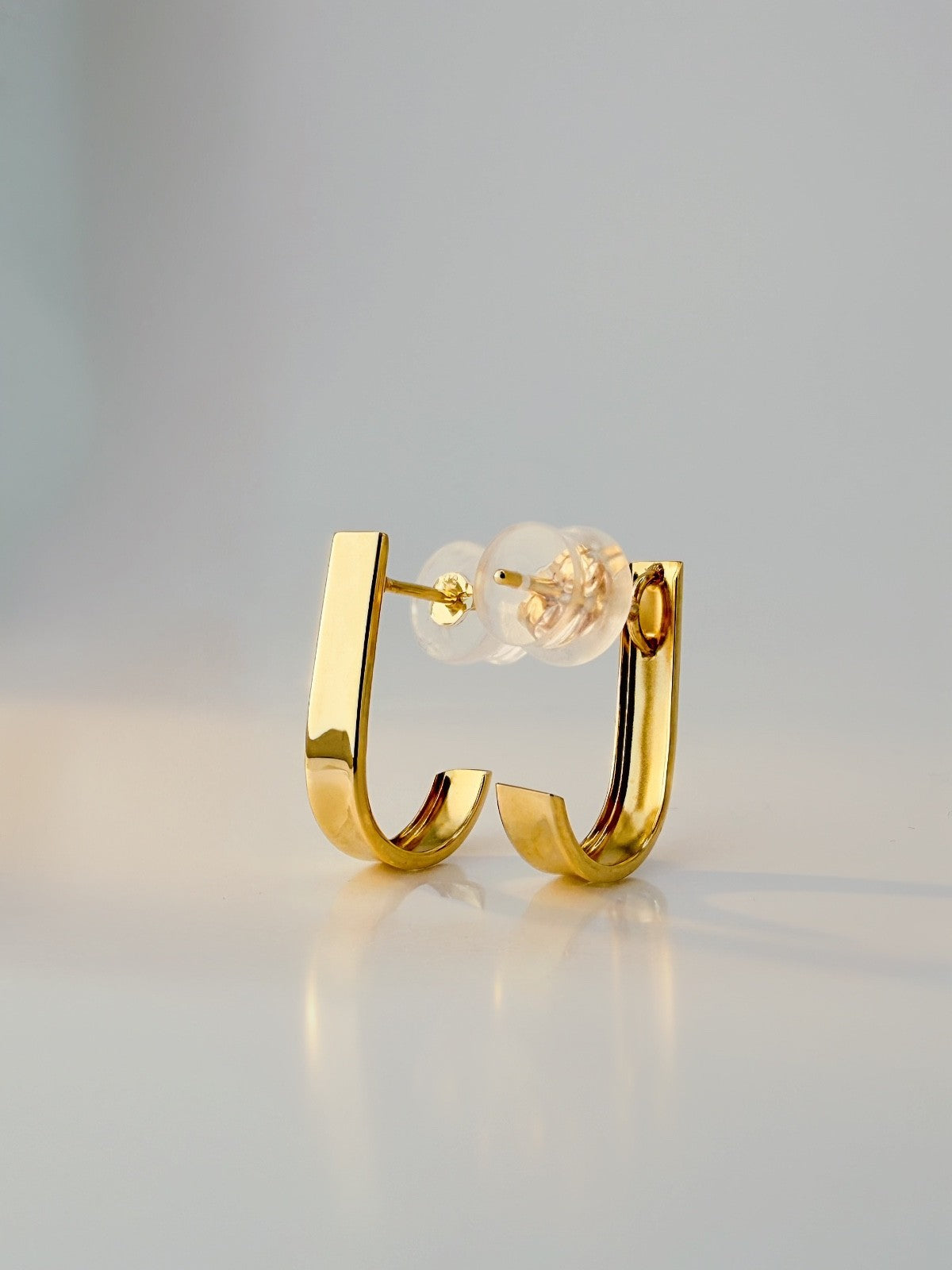 18K Solid Gold Stud Hoop Earrings Flat Front Polished Minimalist2