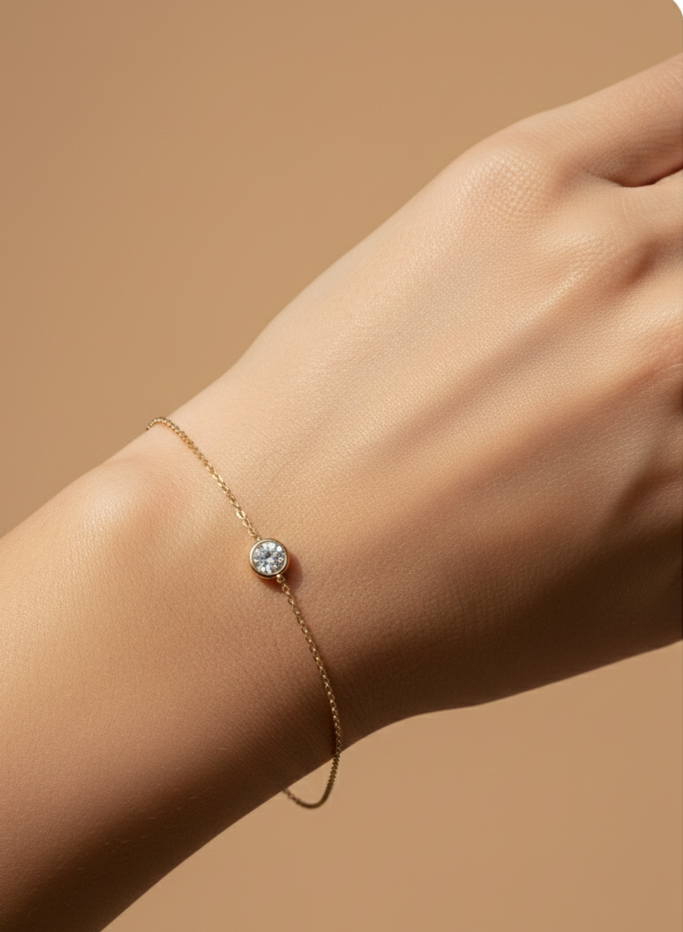 18K Solid Gold Solitaire Bezel Diamond Bracelet Dainty Chain Minimalist Gift1