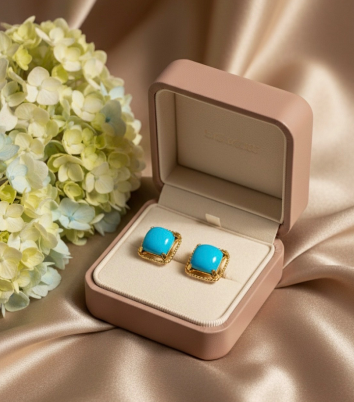 18K Solid Gold Natural Turquoise Stud Earrings0