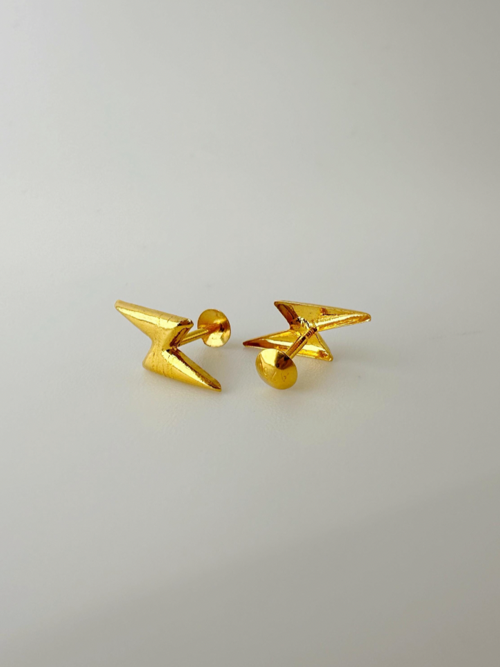 18K Solid Gold Zap | Lightning Earrings Screw back Minimalist Thin Stackable1