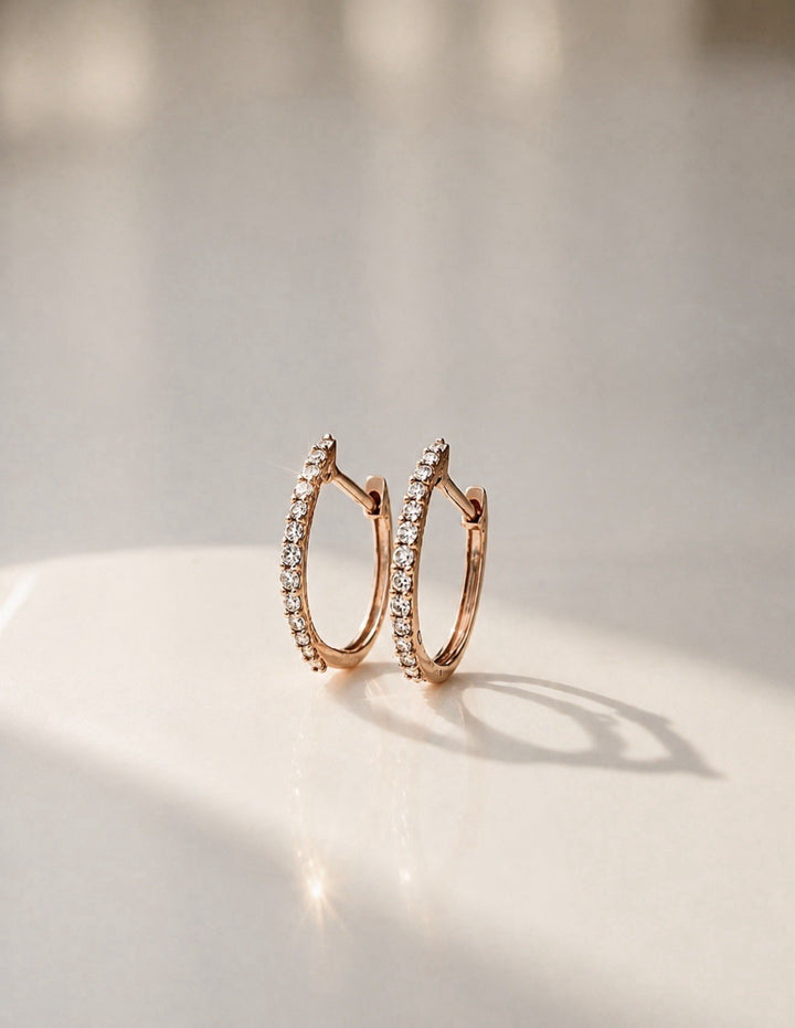 18K Solid Gold Diamond Hoop Earrings 12mm  Huggies Natural Rose Gold0