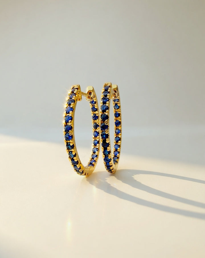 18K Solid Gold Diamond Blue Sapphire Hoop Earrings 0.5CT 19.5mm Gift3