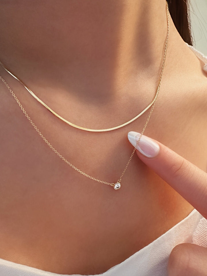 18K Solid Gold Diamond Bezel Necklace 0.10CT VS Solitaire Pendant Gift0