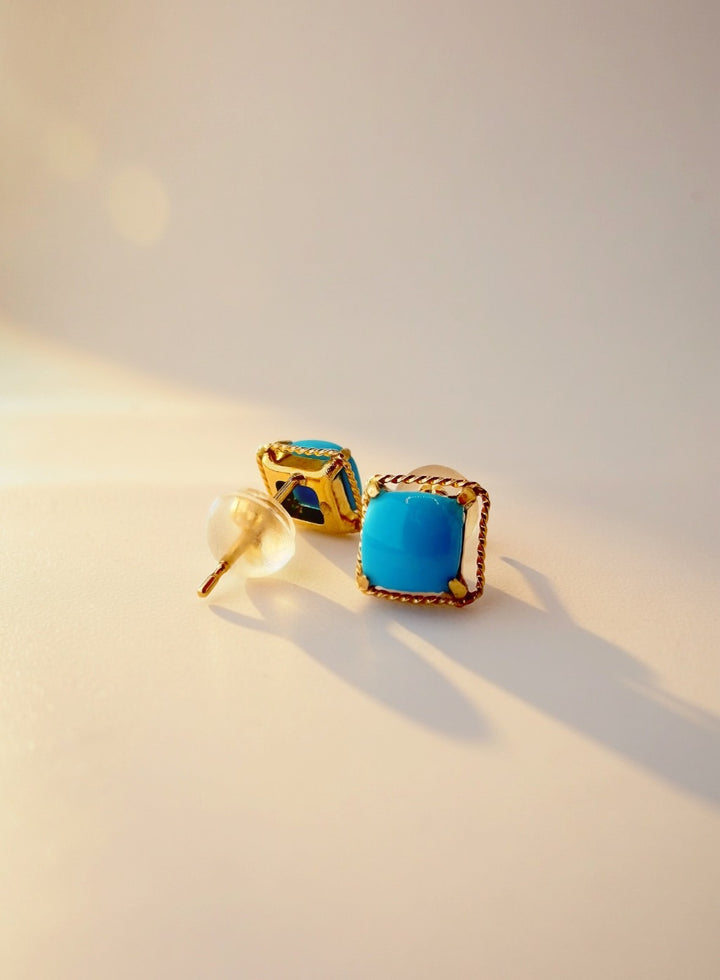 18K Solid Gold Natural Turquoise Stud Earrings2