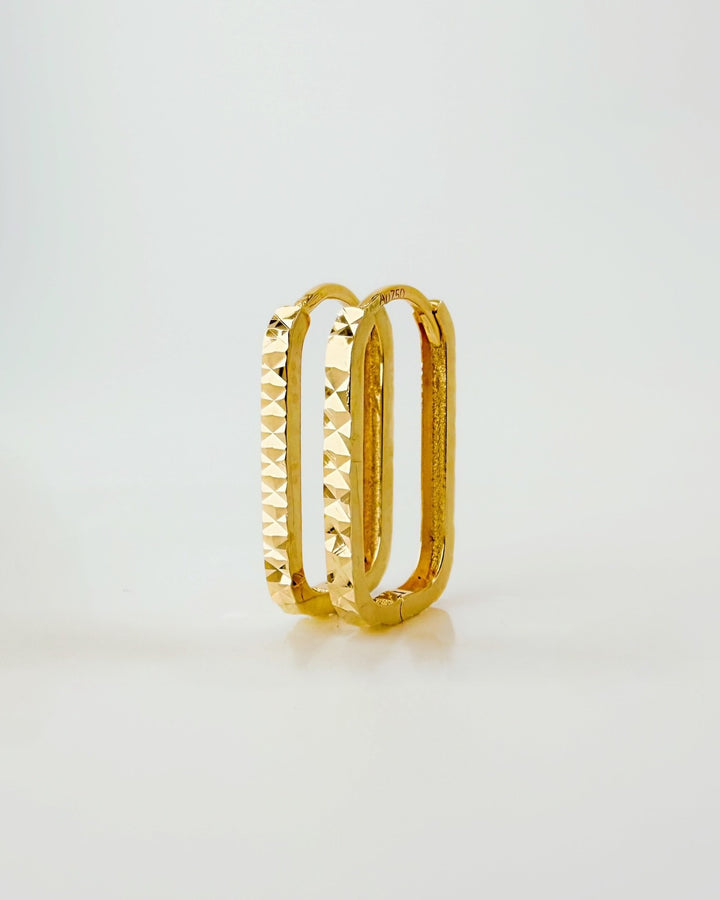 18K Solid Gold Paperclip Hoop Earrings | Rectangular Huggie | Textured | Minimal2