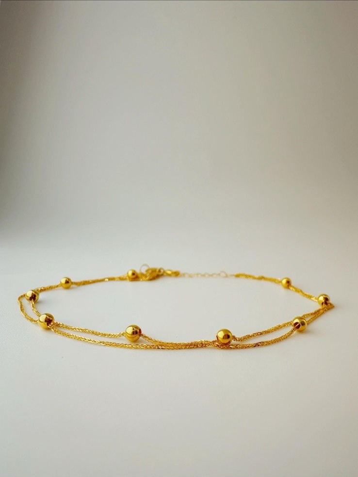 18K Solid Gold Station Beads Dainty Thin Bracelet – Double Layer, 7–7.5” Size1