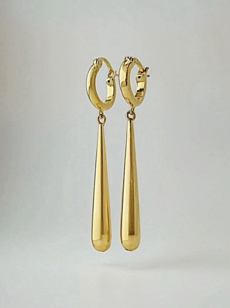 18K Solid Gold Drop Hoop Earrings Teardrop Dangle 1.78in Real Gold Minimalist0