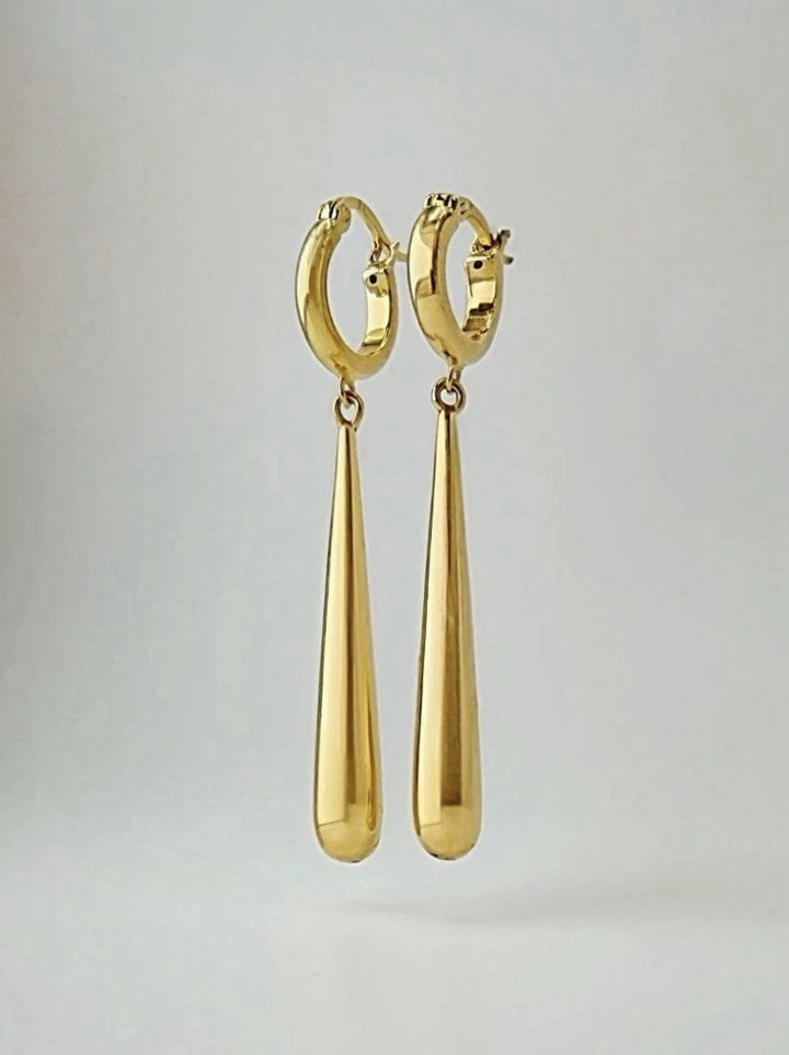 18K Solid Gold Drop Hoop Earrings Teardrop Dangle 1.78in Real Gold Minimalist0