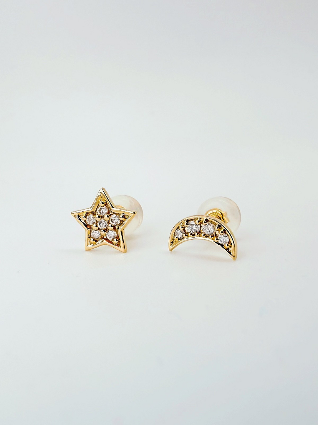 18K Solid Gold Moon and Star Diamond Stud Earrings | Natural VS Diamonds0