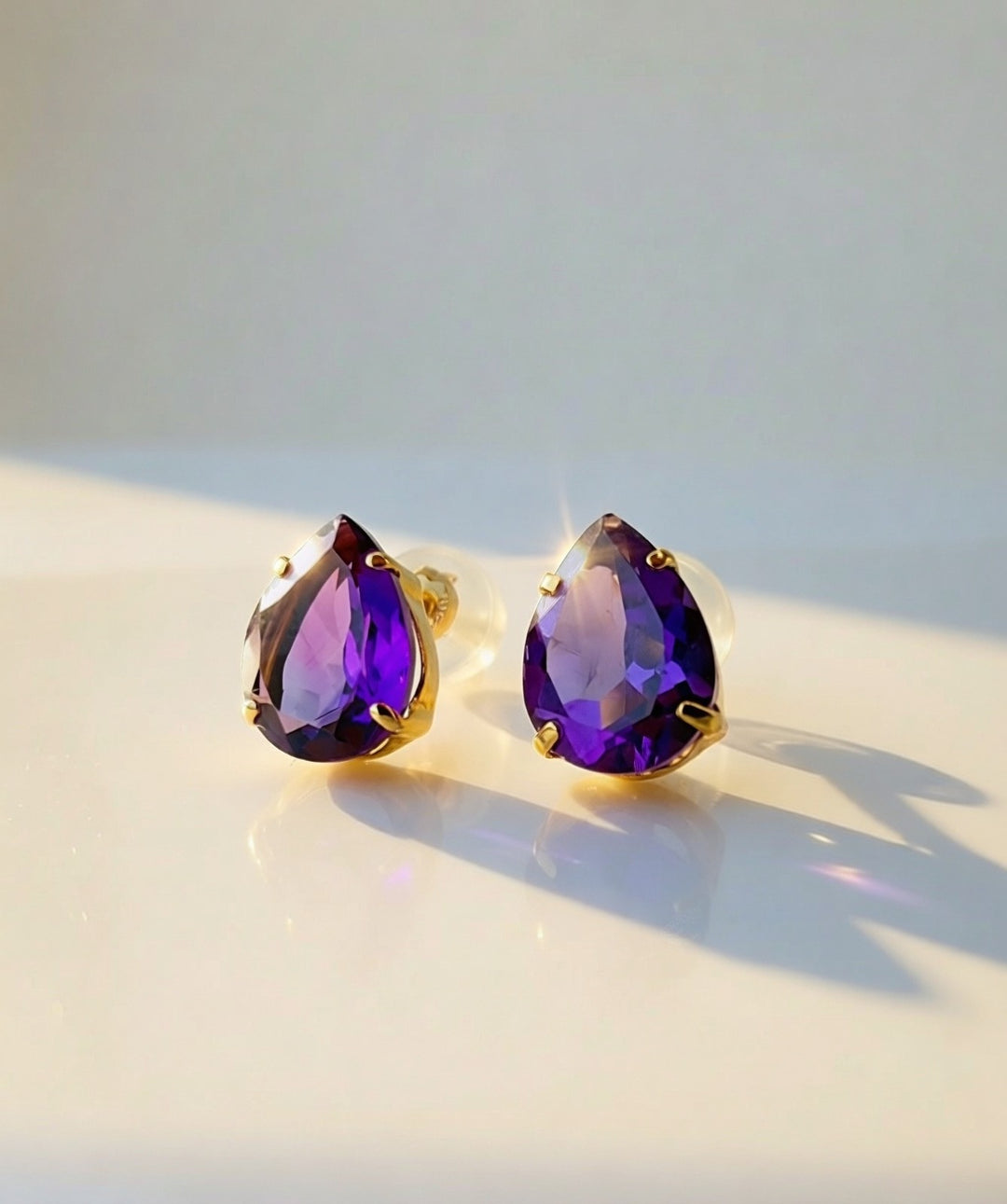 18K Solid Gold Amethyst Earrings Natural Pear Cut Birthstone Studs Gift1