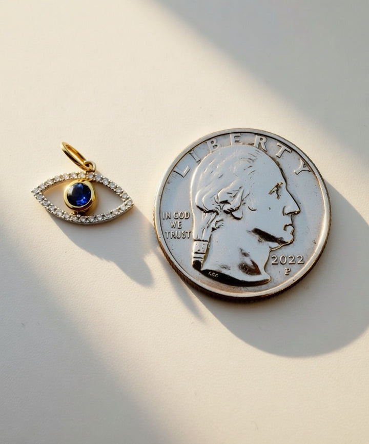 18K Solid Gold Evil Eye Diamond Pendant Natural Sapphire Two-Tone Gift Her7