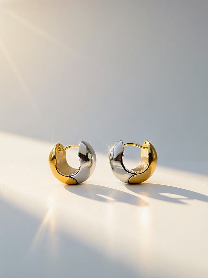 18K Real Gold Two Tone Huggie Hoop Earrings  Bold Dome Reversible Clip3