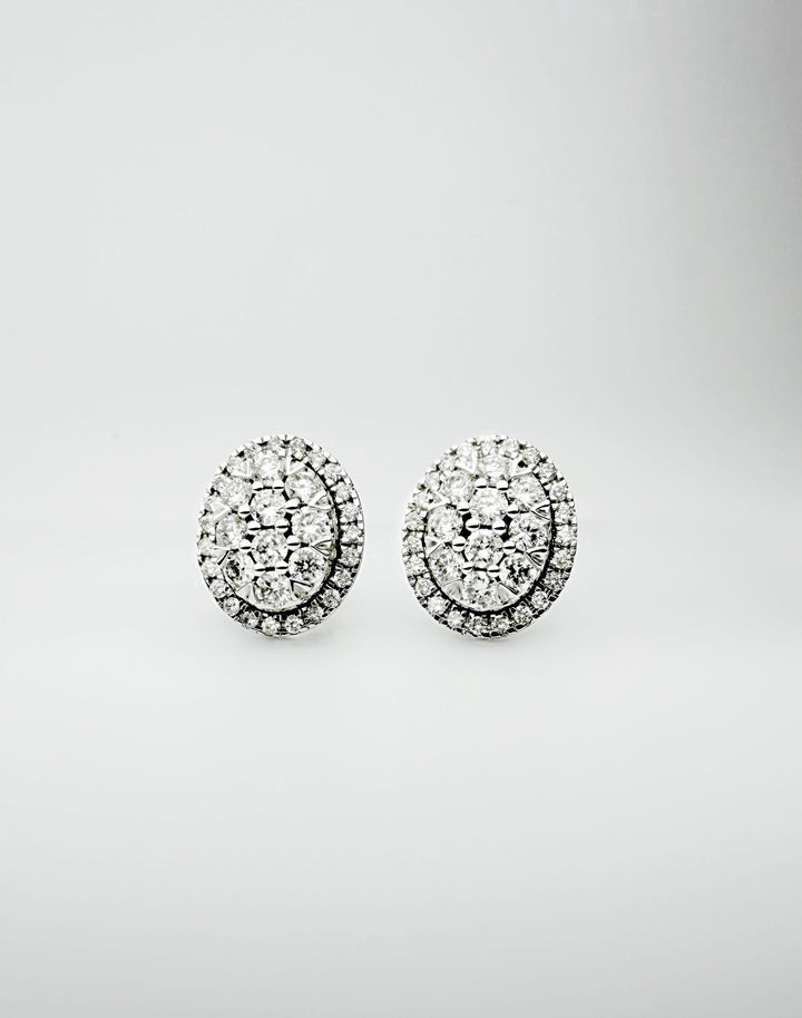 18K stamped Solid Gold  Natural Diamond Cluster Stud Oval Shaped Earrings 1.1CT2