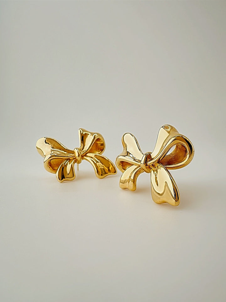18K Real Gold Ribbon Earrings 23mm Statement Japan Real Gold1