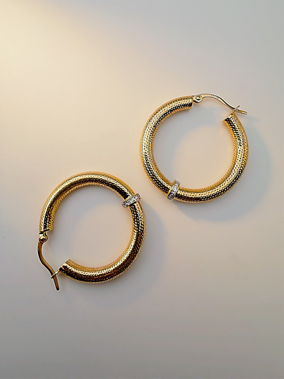18K Solid Gold Diamond Hoop Earrings – Textured Gold Hoops 33mm, Real Diamond1