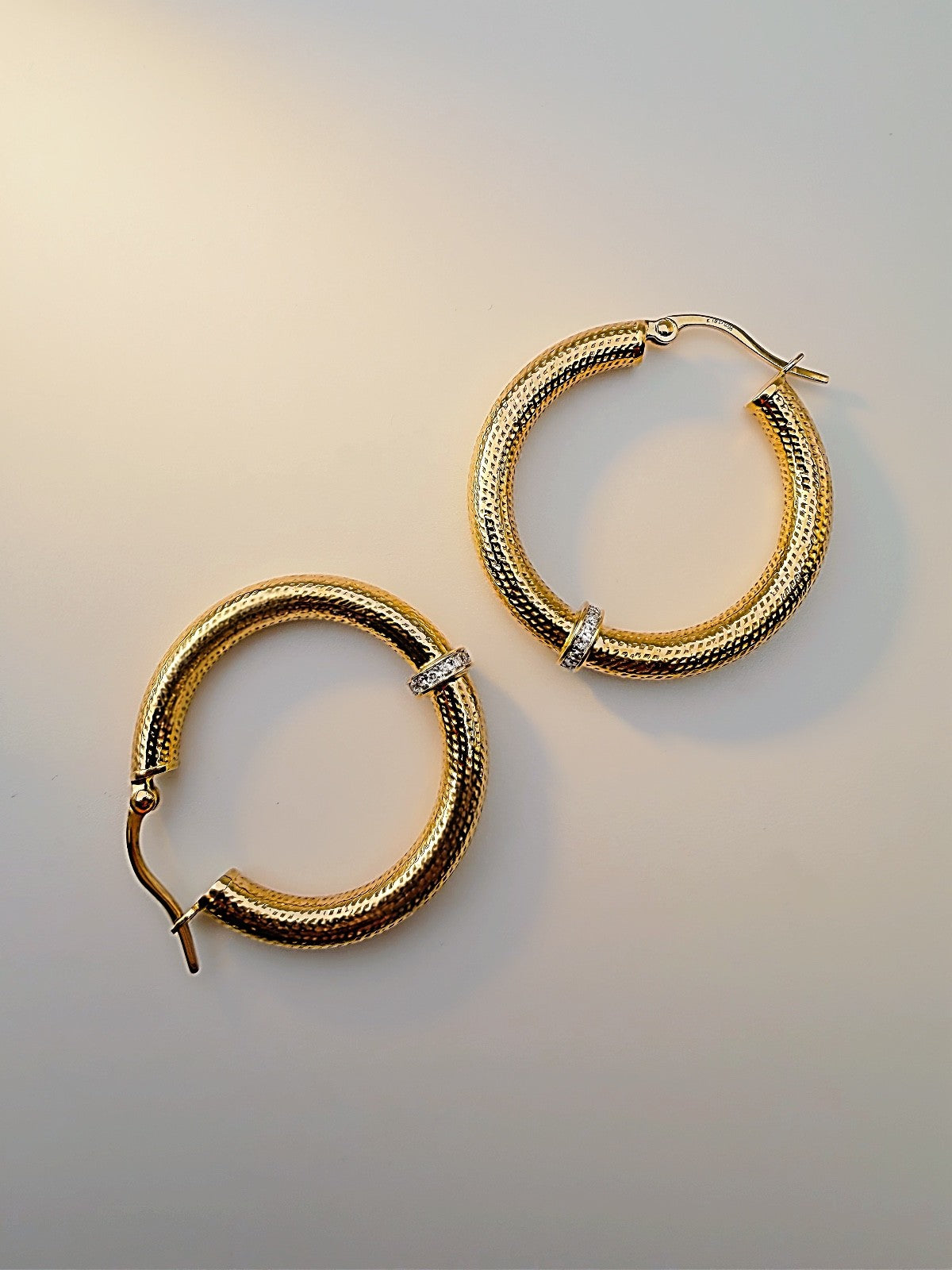 18K Solid Gold Diamond Hoop Earrings – Textured Gold Hoops 33mm, Real Diamond1