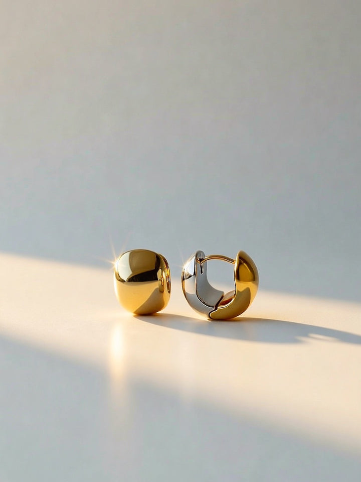 18K Real Gold Two Tone Huggie Hoop Earrings  Bold Dome Reversible Clip2