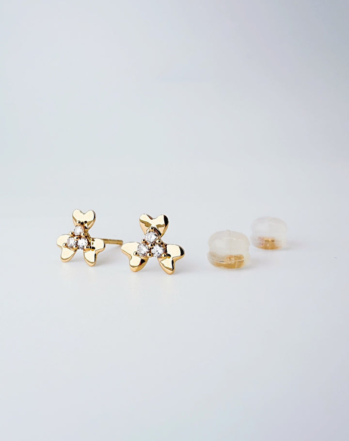 18K Solid Gold Mini Natural Diamond Flower Stud Earrings 3 Petal Trefoil Dainty3