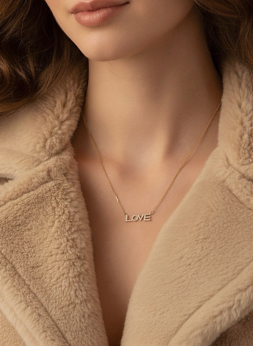 18K Solid Gold LOVE Pendant Diamond Necklace Women D-F VS-SI Minimalist Fine Jew1