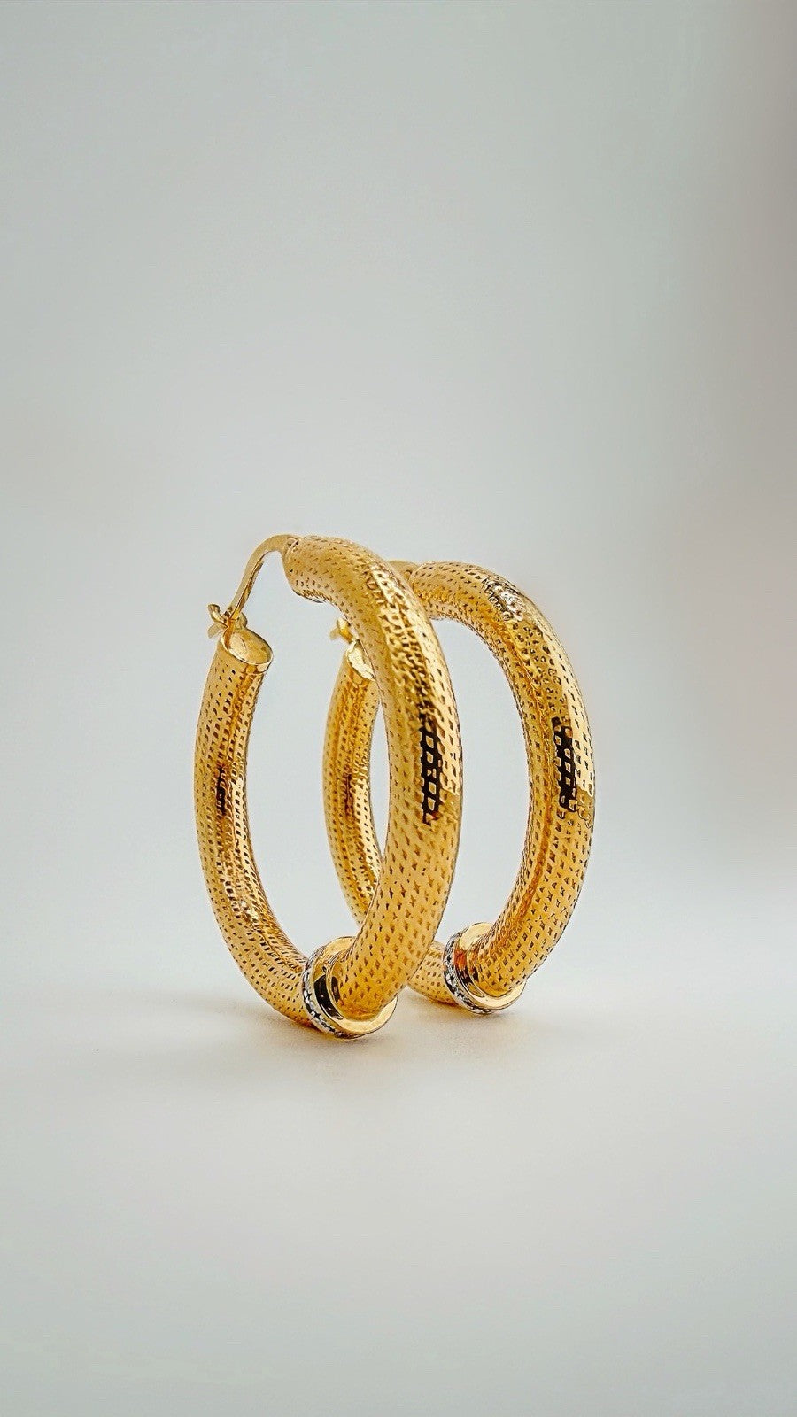 18K Solid Gold Diamond Hoop Earrings – Textured Gold Hoops 33mm, Real Diamond4