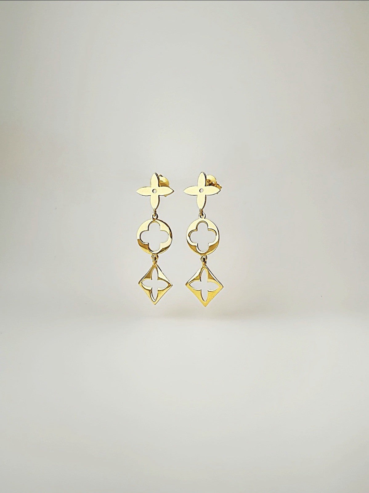 18K Solid Gold Flower Stud dangle Drop Earrings0