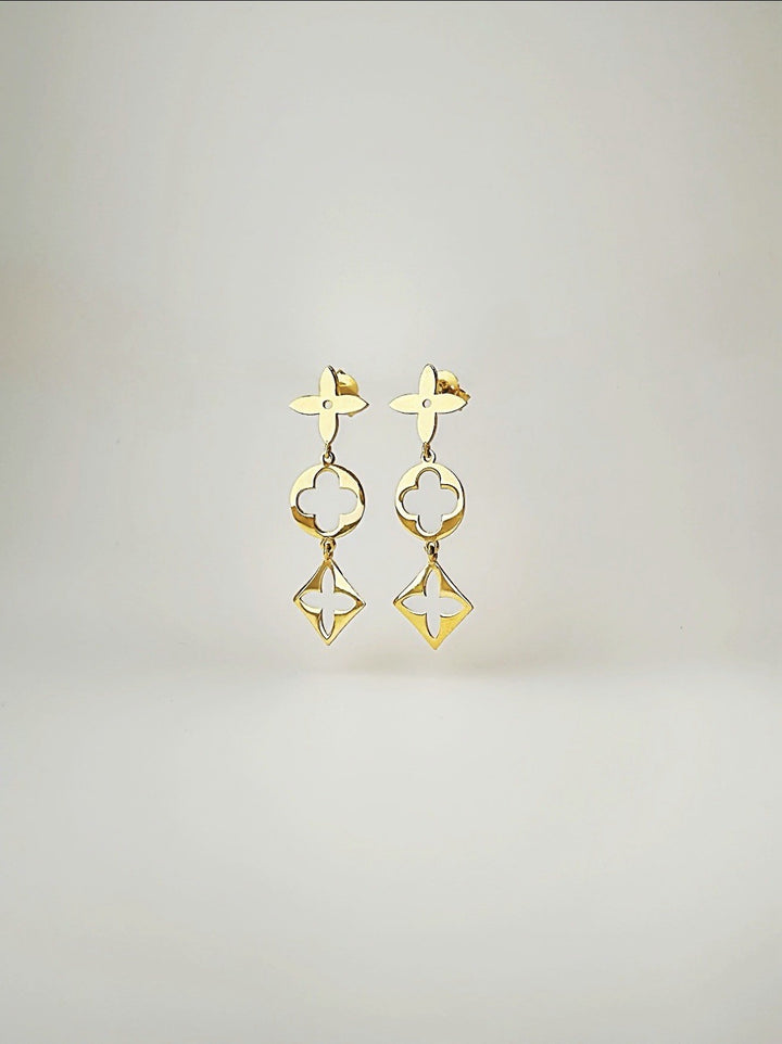 18K Solid Gold Flower Stud dangle Drop Earrings0