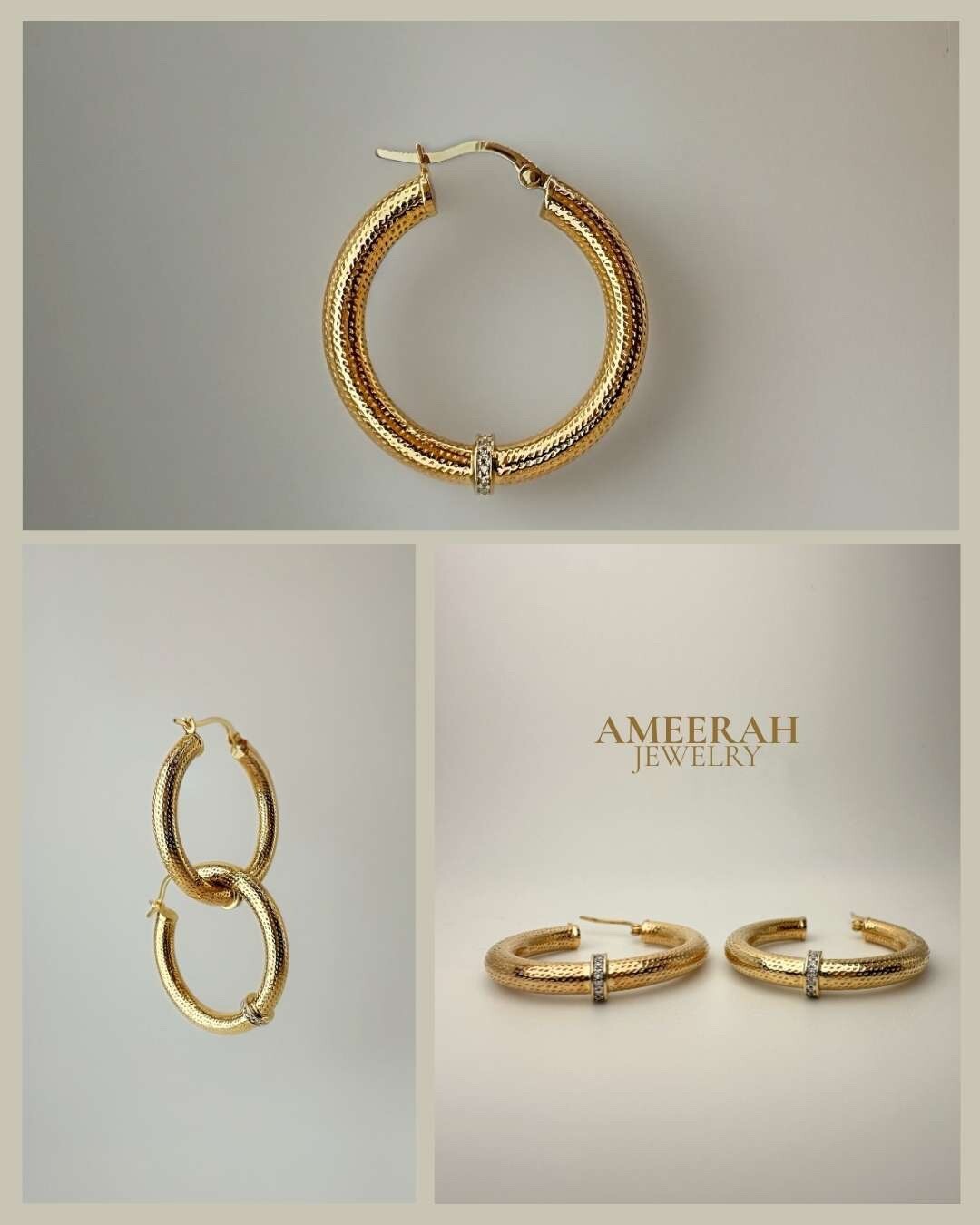 18K Solid Gold Diamond Hoop Earrings Textured Gold Hoops 33mm Real Diamond6