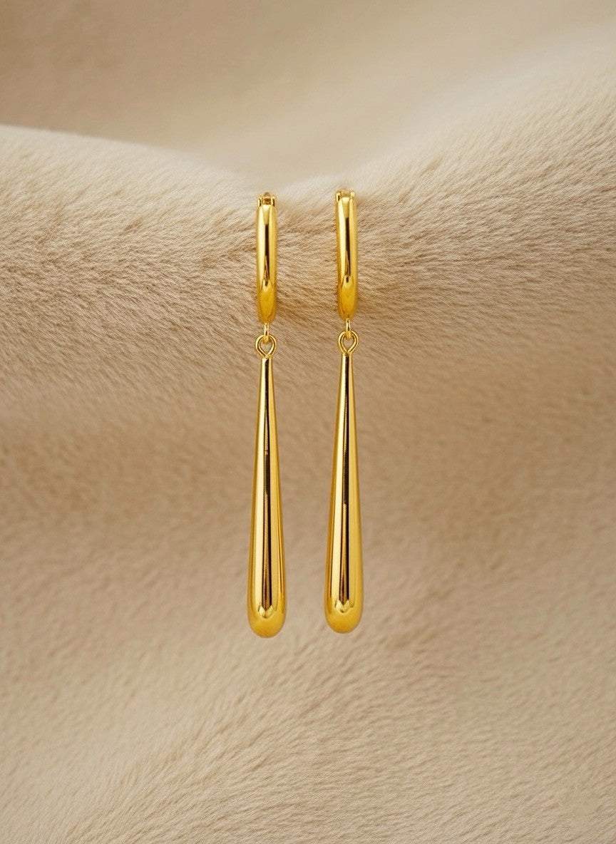 18K Solid Gold Drop Hoop Earrings Teardrop Dangle 1.78in Real Gold Minimalist3