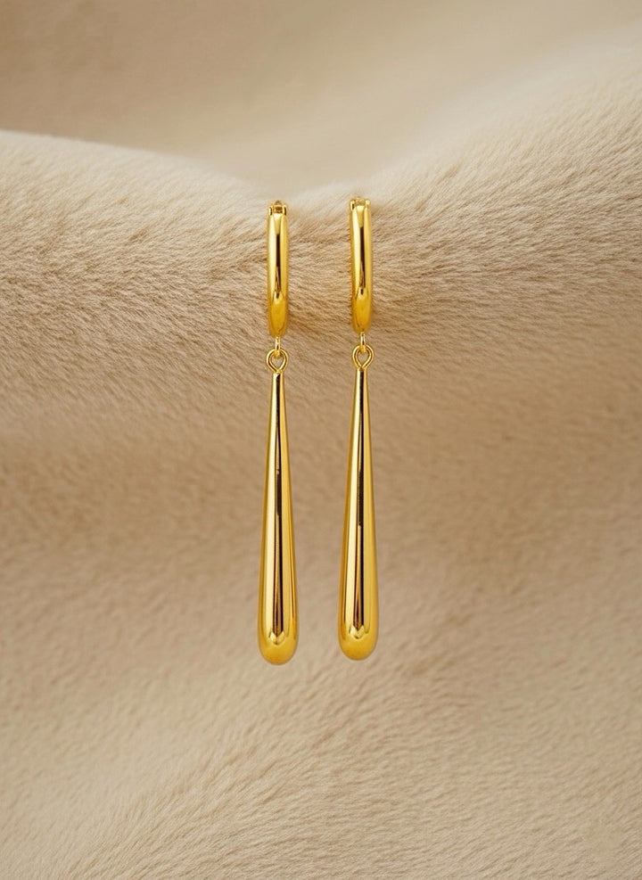 18K Solid Gold Drop Hoop Earrings Teardrop Dangle 1.78in Real Gold Minimalist3