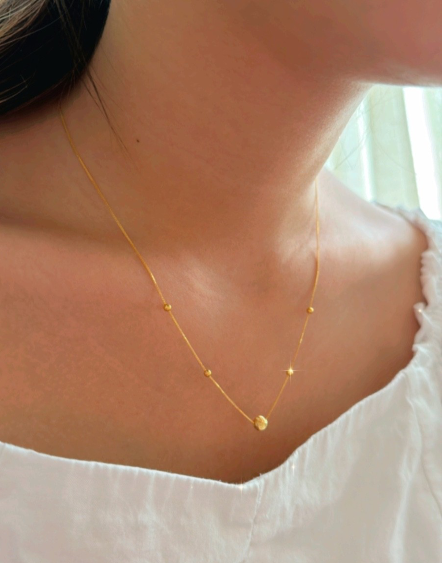 18K Real Gold Ball Bead Station Necklace  Dainty thin Minimalist Necklace2