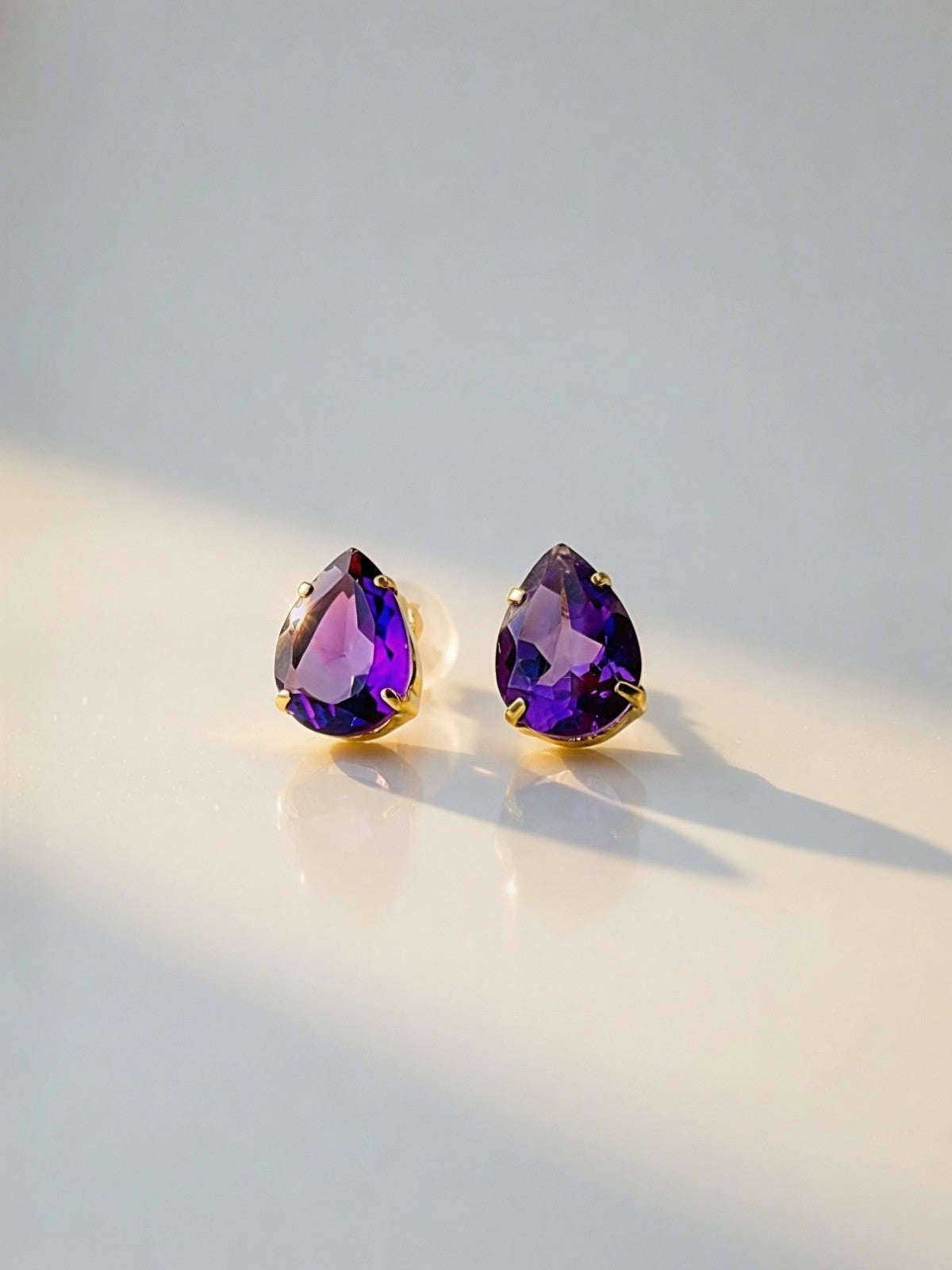18K Solid Gold Amethyst Earrings Natural Pear Cut Birthstone Studs Gift0