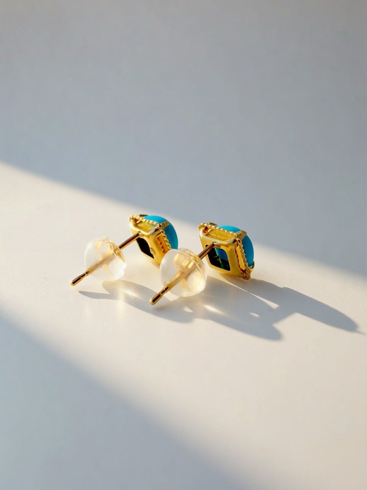 18K Solid Gold Natural Turquoise Stud Earrings4