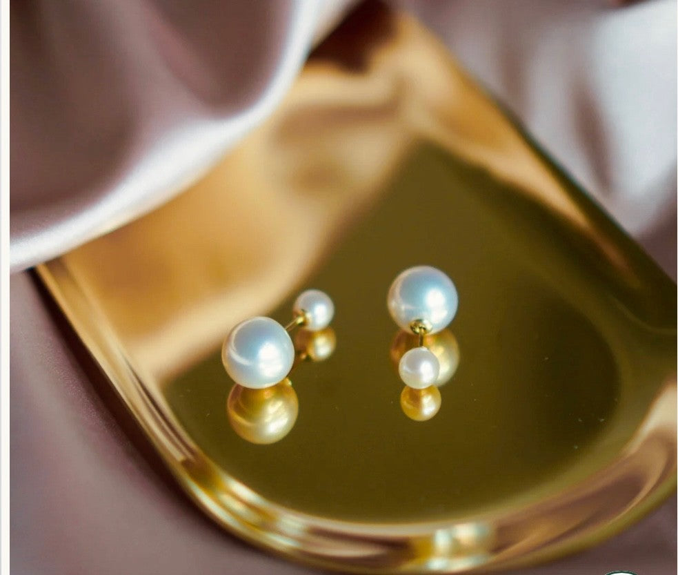 18K Solid Gold Double Akoya Pearl Earrings Screw Back Dainty Minimalist Japan0