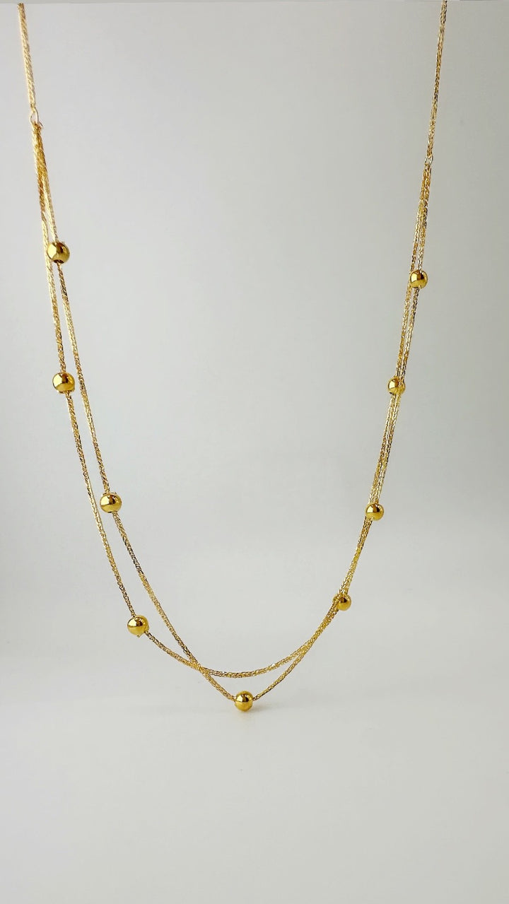 18K Real Gold Station Beads Dainty thin Necklace – Double Layer Size  172