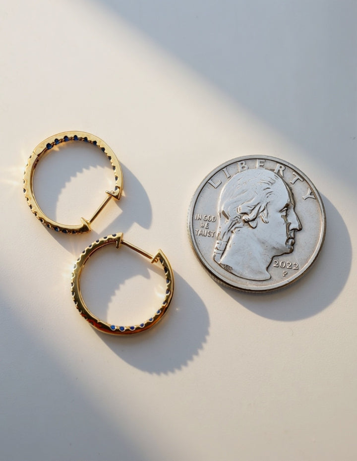 18K Solid Gold Diamond Blue Sapphire Hoop Earrings 0.5CT 19.5mm Gift2