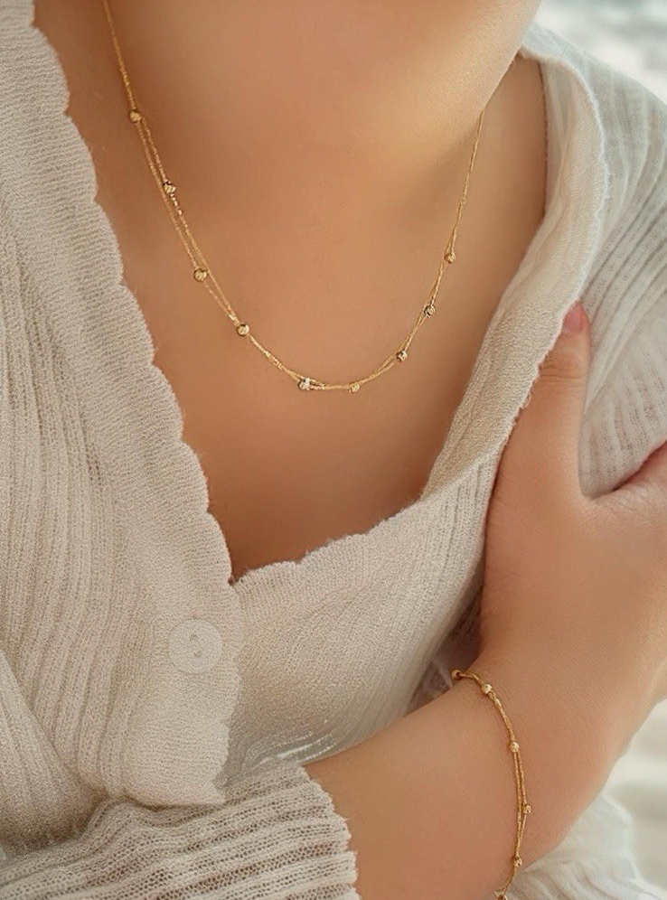 18K Solid Gold Station Beads Dainty Necklace – Double Layer,  17" Size3