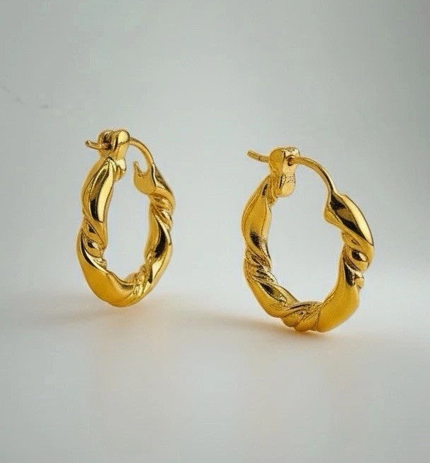 18K Real Gold Hoop Earrings Twist Design 14.7mm Real Gold Hoops Everyday2