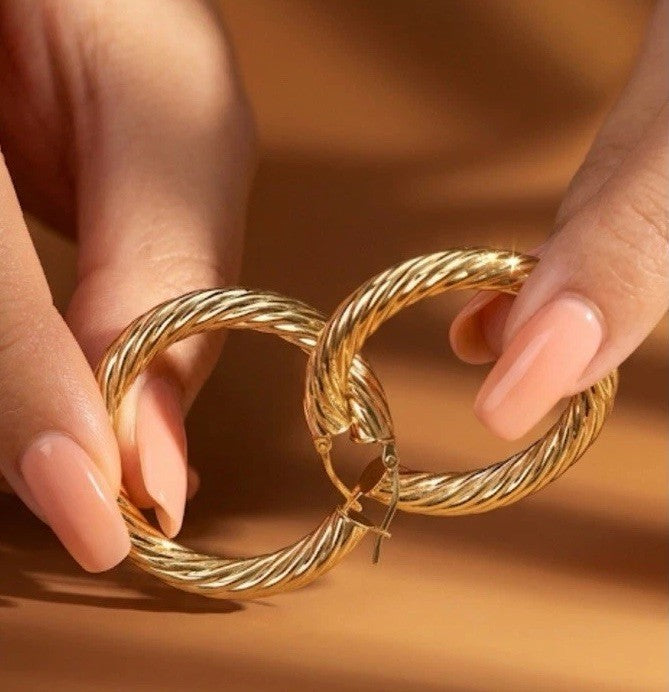 18K Real Gold Hoop Earrings Women approx. 20mm Twisted Hoops Everyday Chic0