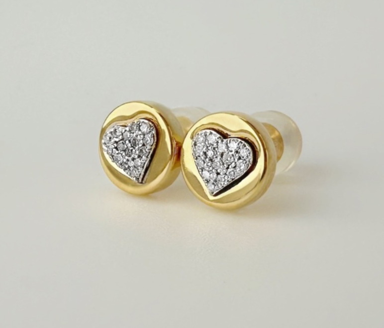 18K Solid Gold Diamond Heart Stud Earrings Dainty Real Gold Gift0