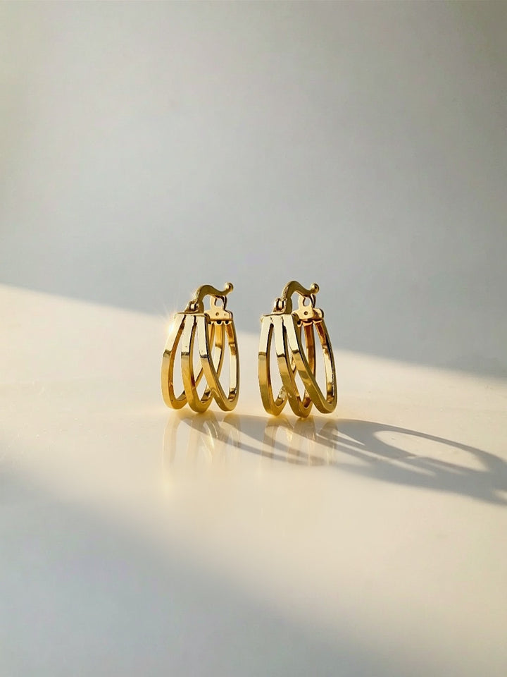 18K Gold Triple Row Huggie Hoop Earrings Minimalist Dainty Everyday Luxury4