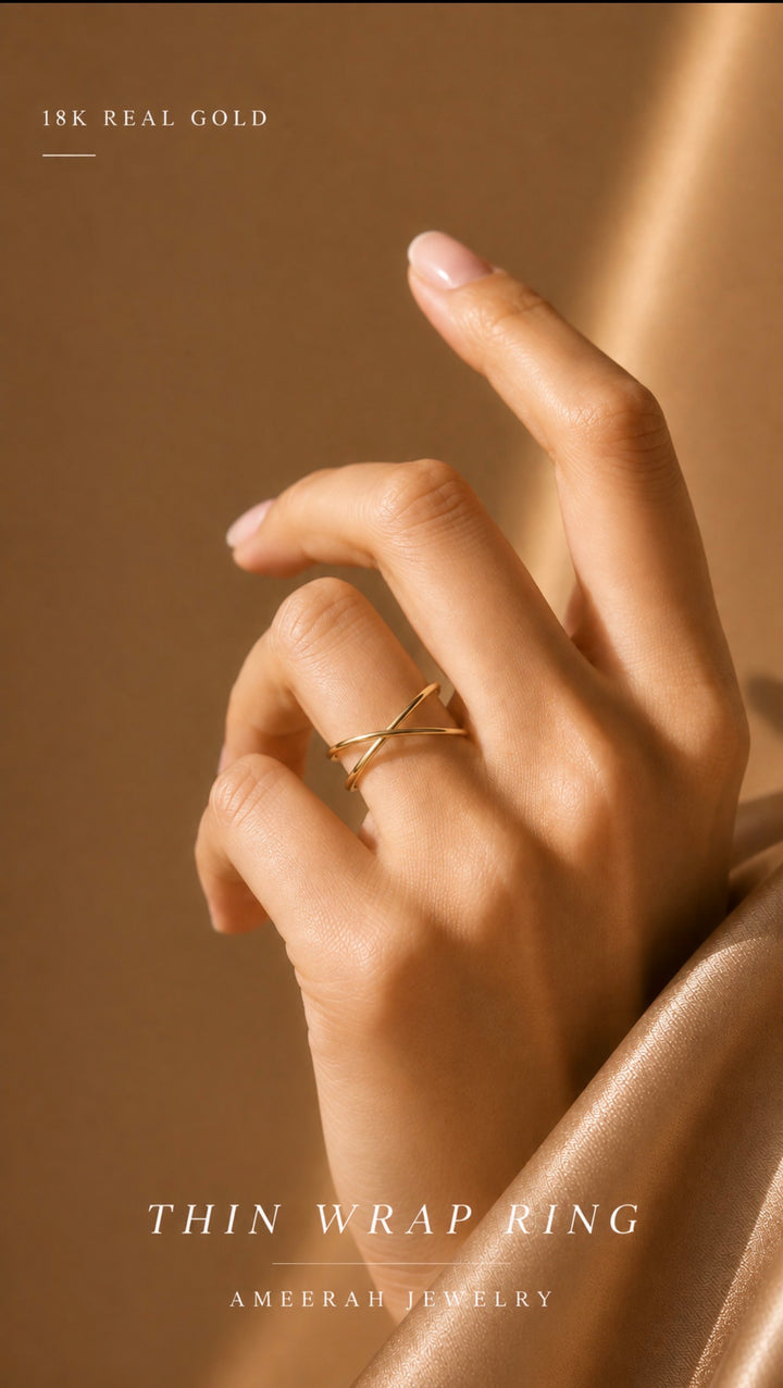 18K Solid Gold Crisscross Wrap Ring Minimalist Infinity Style Dainty Lightweight