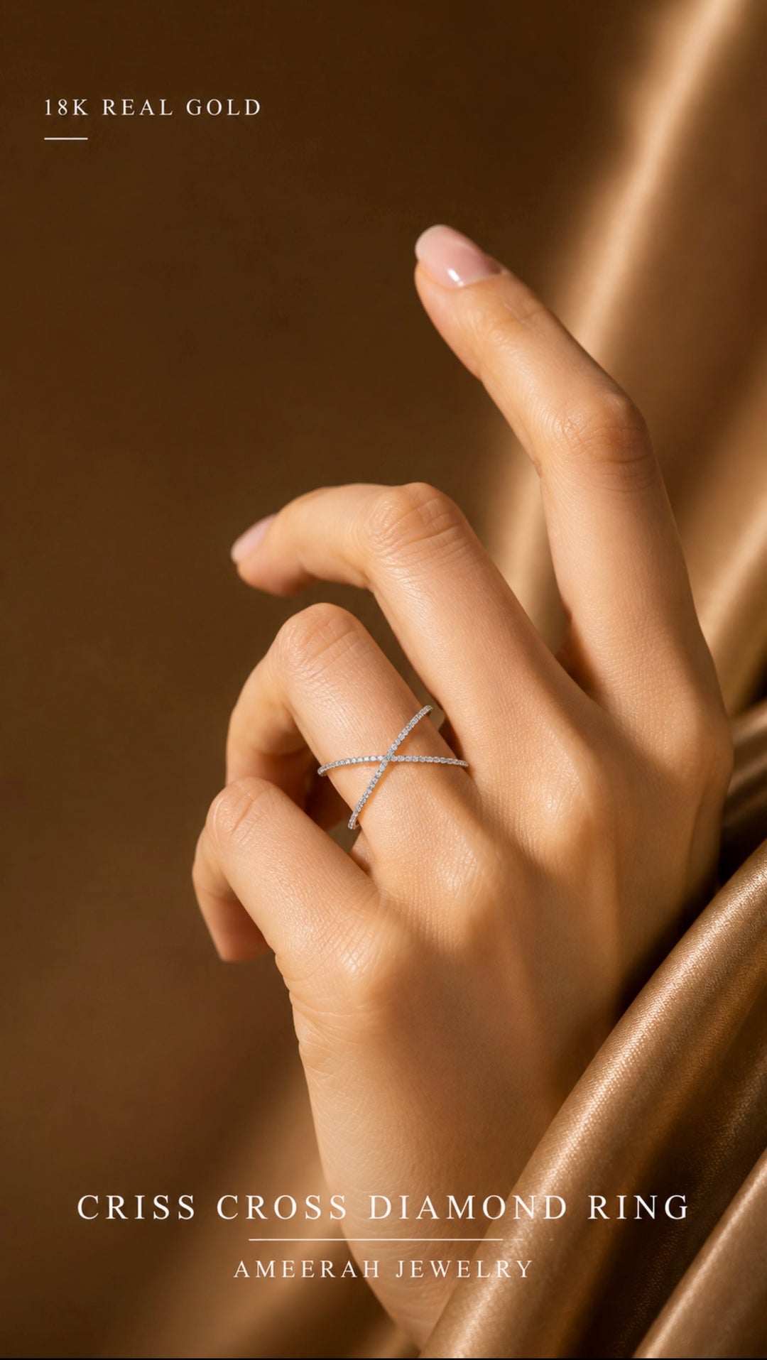 18K Solid Gold Diamond Ring Infinity Wrap Crisscross Bangle Minimalist Ring