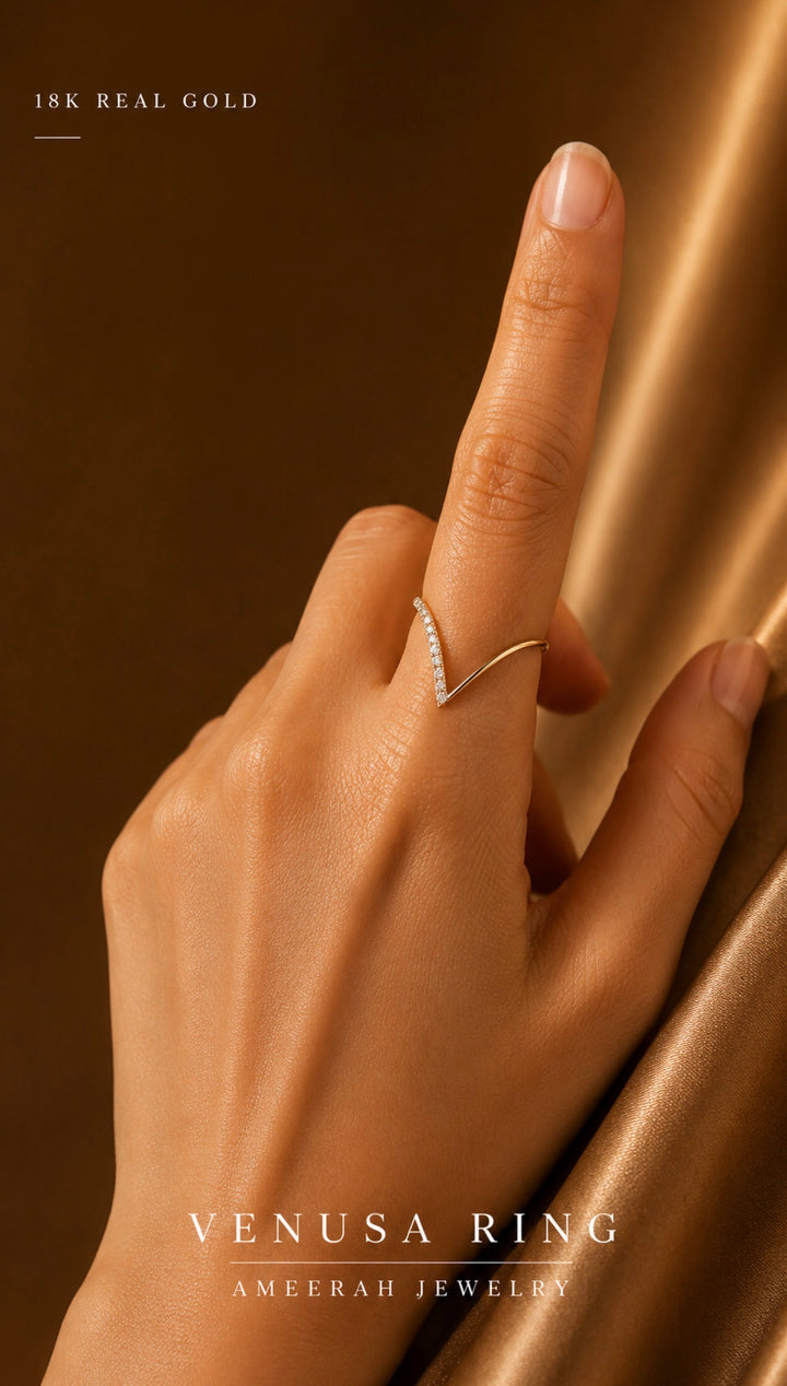 18K Solid Gold “V” Two Tone Diamond Ring Women VS D-F Dainty Stackable Band