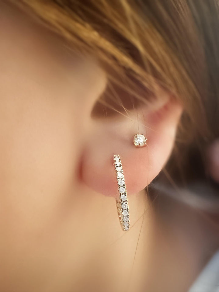 18k solid gold diamond huggie earrings, natural round diamonds, 0.5 carat total weight, double-layered mini hoops, stacked design, fine jewelry gift for her, minimalist dainty earrings for everyday wear, luxury gold earrings, anniversary gift, bridal jewelry, solid gold hoop earrings, handmade diamond earrings, real gold diamond huggies