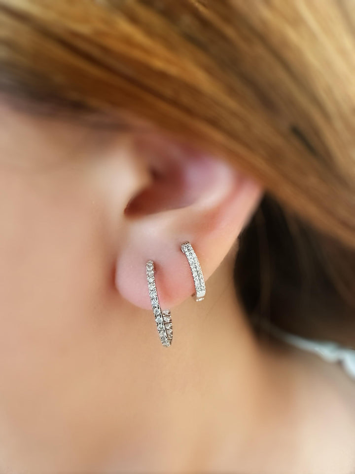 18K Solid White Gold Natural  Diamond Hoop Earrings: Minimalist Huggies