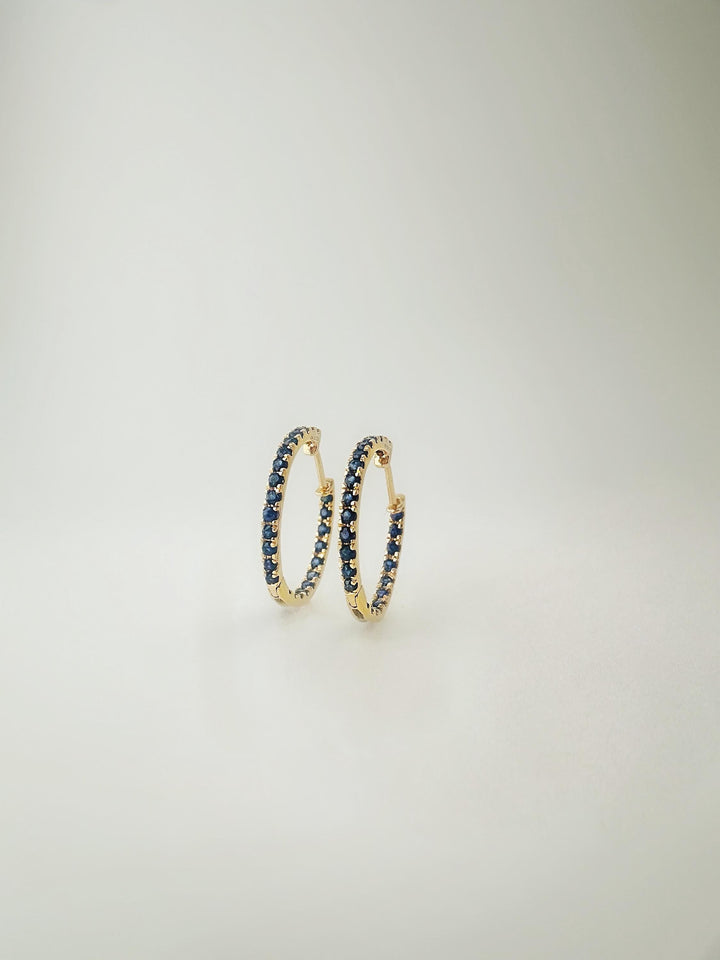 18K Solid Gold Diamond Hoop Earrings  Approx 19.mm / 0.5 Carat T.W. Natural Blue Sapphire/ In and Out Hoop / Elegant Earrings / Fine Jewelry