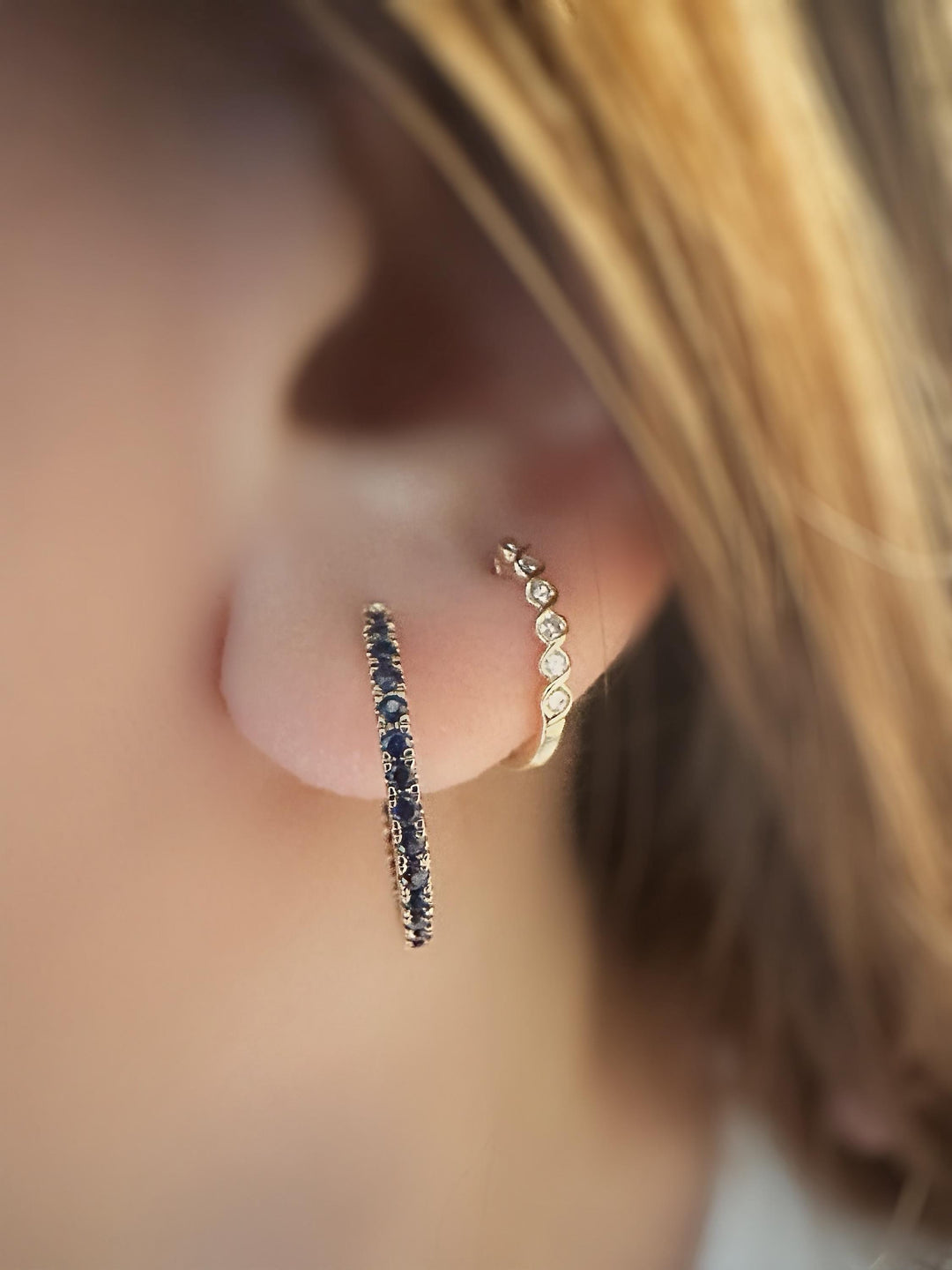 18K Solid Gold Diamond Hoop Earrings  Approx 19.mm / 0.5 Carat T.W. Natural Blue Sapphire/ In and Out Hoop / Elegant Earrings / Fine Jewelry